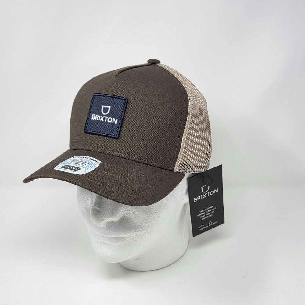Brixton Mens Trucker Hat Alpha Block Netplus A-Frame Embroidered Patch Cap Brown